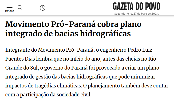 Membro do Pró-Paraná explica sobre o manejo de bacias hidrográficas em entrevista à Gazeta do Povo